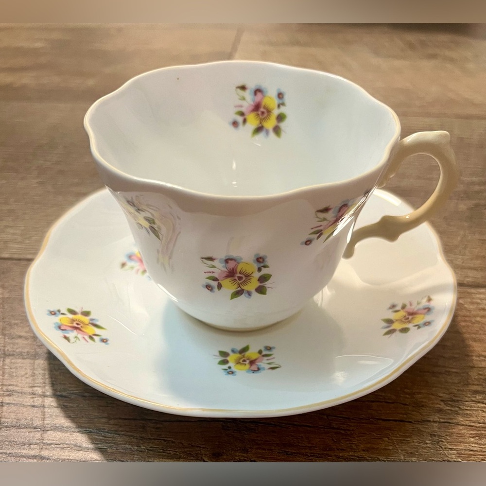 Vintage Rosina Bone China Teacup & Saucer with Pink and Yellow Flowers
